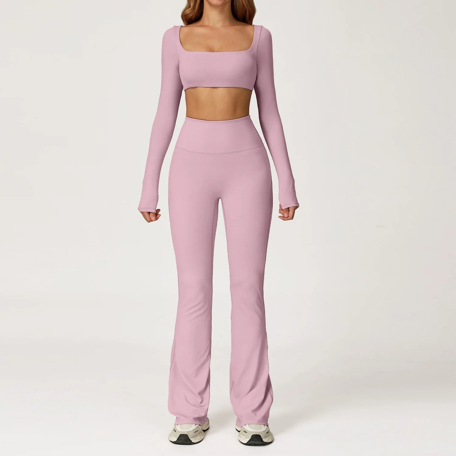 Breathable Women Running Yoga Wear Workout Long Sleeve T-Shirts Yoga Sports Crop Tops Flared Pants Bra Yoga Sets Custom