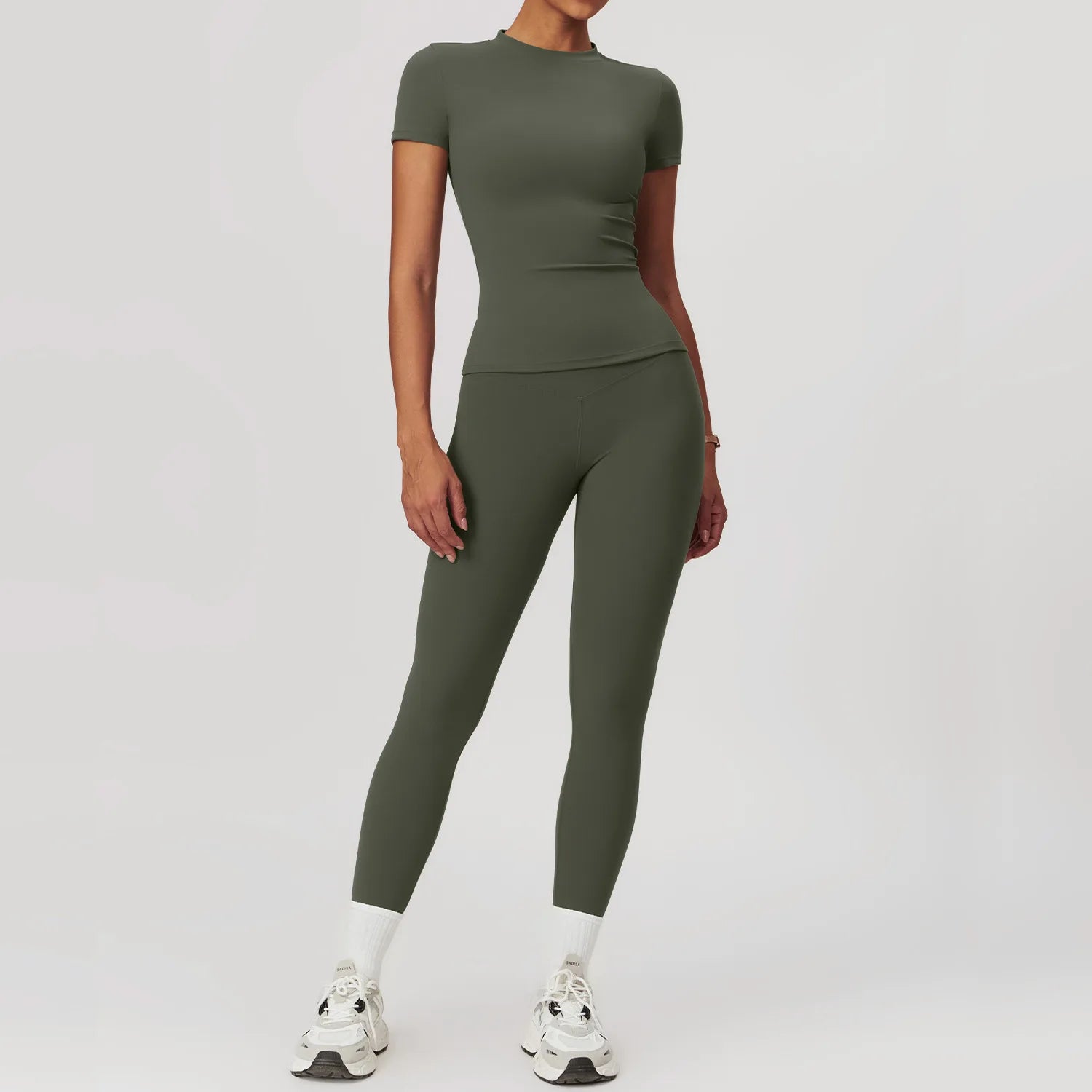 Seamless Solid Active Set Women 2 Piece Breathable Workout Outfits Short Sleeve T Shirt High Waisted Leggings Gym Yoga Set