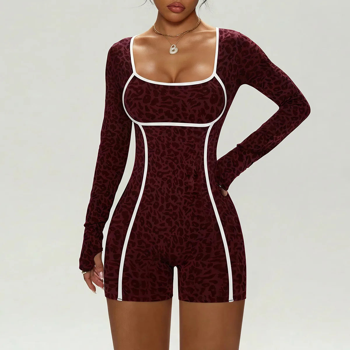 Leopard Seamless Activewear Women Long Sleeve Butt Lift Gym Workout Yoga Breathable & Quick-Dry Jumpsuits Workout Bodysuit