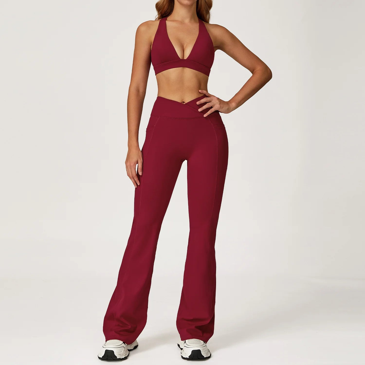 Women's Solid Athleisure 5-Piece Sports Bras+Gym Shorts+Yoga Leggings+Top Set Workout Clothes Sport Suit Front Logo