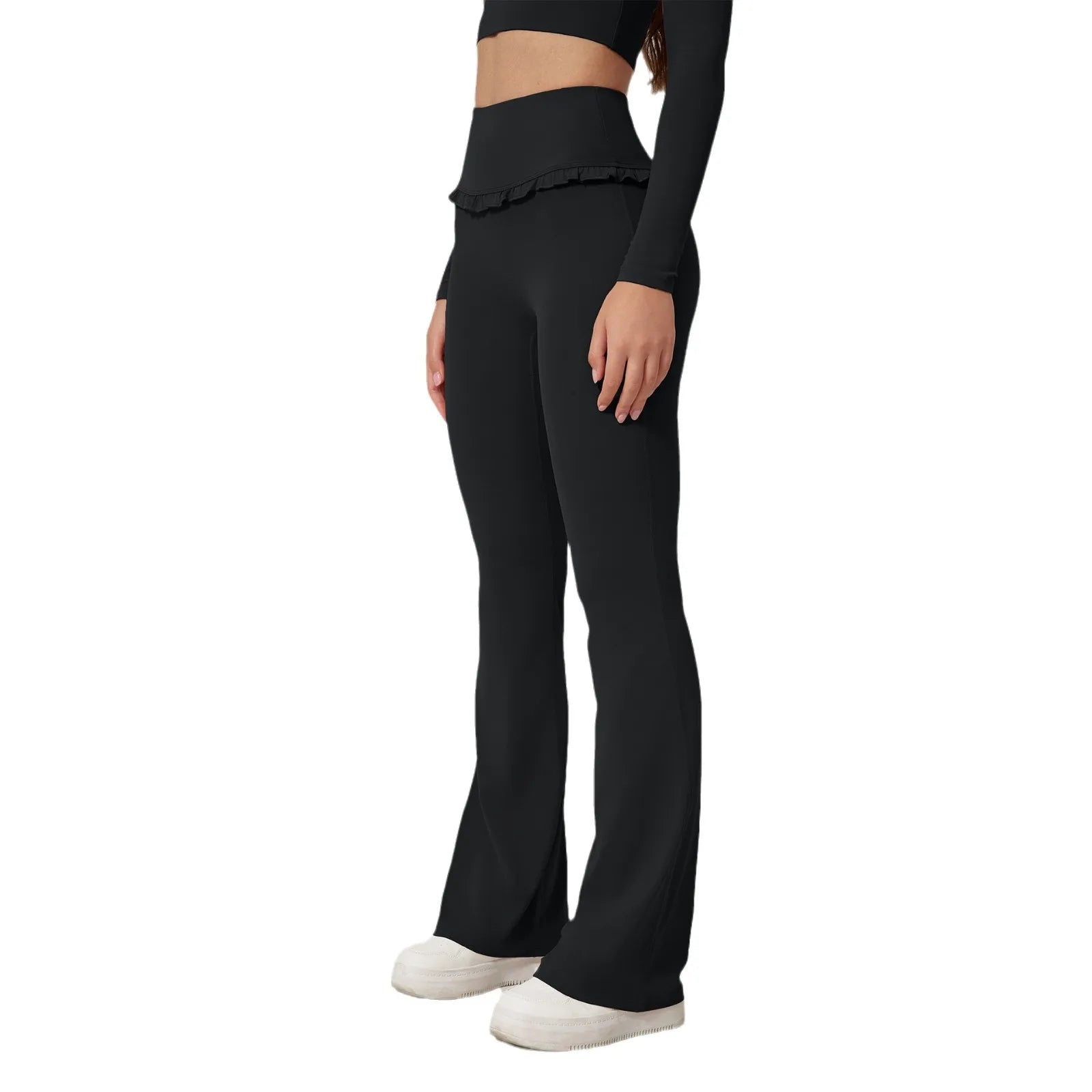 Custom Logo Yoga Pants Flare Pants Ruffle Trim High Waist Women Frill Bell Bottom Leggings Gym Fitness Wear