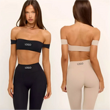 Women 2 Piece Outfit Casual Daily Workout Yoga Set  Off the Shoulder Crop Sports Bra High Waist Seamless Leggings Custom Logo