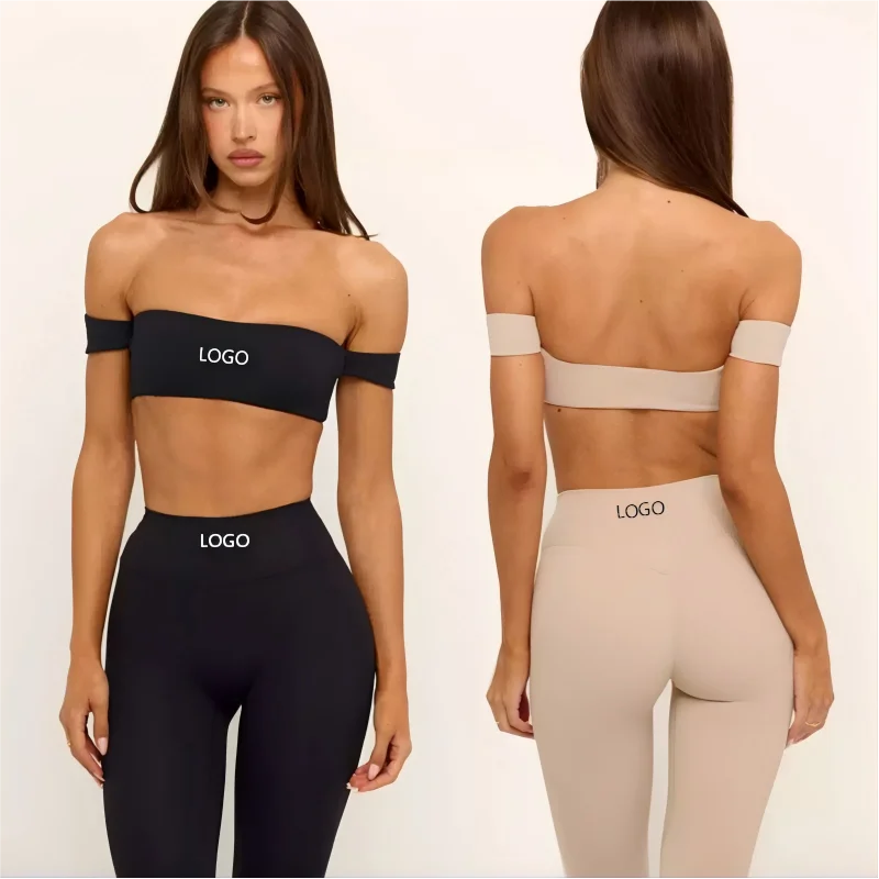 Women 2 Piece Outfit Casual Daily Workout Yoga Set  Off the Shoulder Crop Sports Bra High Waist Seamless Leggings Custom Logo