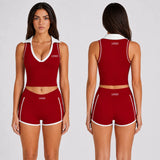 Custom Logo Yoga Set Women Polo Collar Contrast Trim Tennis Shorts Set 2 Piece Gym Workout Fitness Activewear