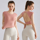 Custom Logo Women Open Back Yoga Top Cap Sleeve Backless Gym Shirt Twist Crossover Short Sleeve Workout Activewear T Shirt