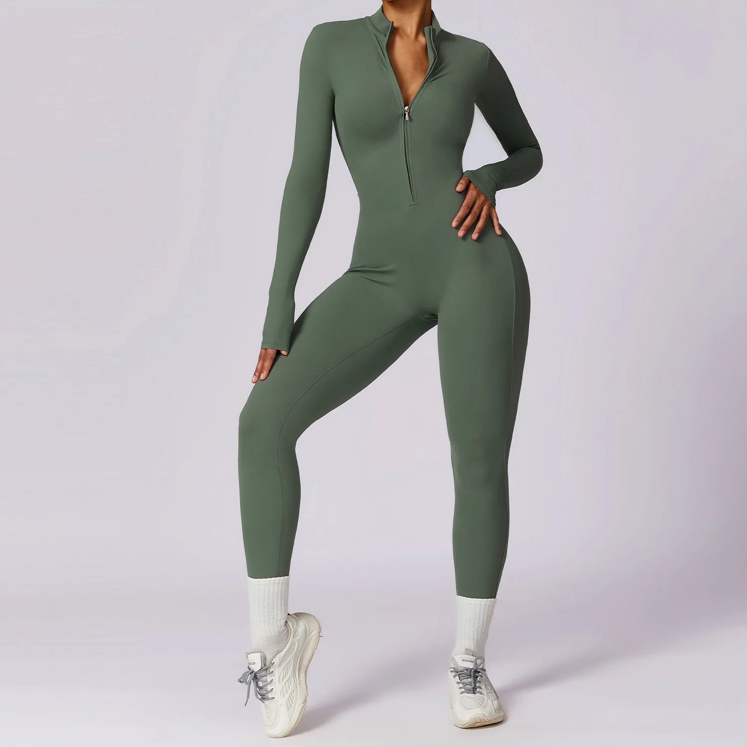 Women Front Zipper Yoga Jumpsuit  One Piece Unitard Gym Workout Bodycon Romper Athletic Wear Long Sleeve
