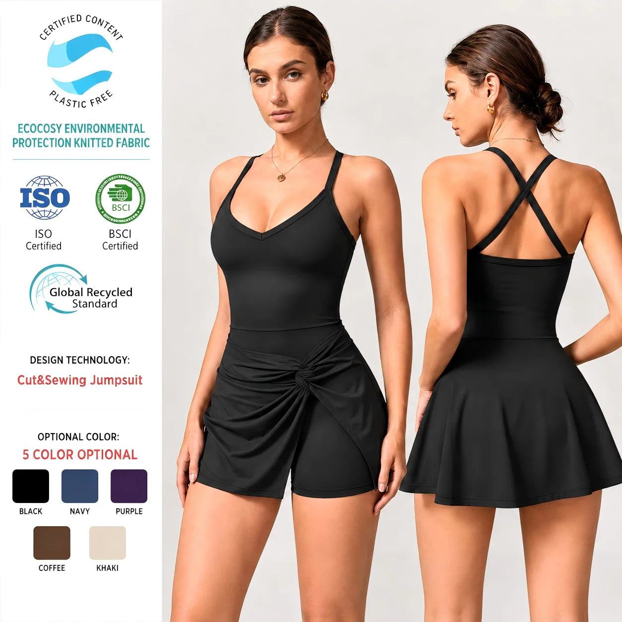 Wholesale Eco Friendly Recycled V-Neck Hollow Out Back Short Sleeve Shirt Tshirt Women One Piece Tennis Yoga Set