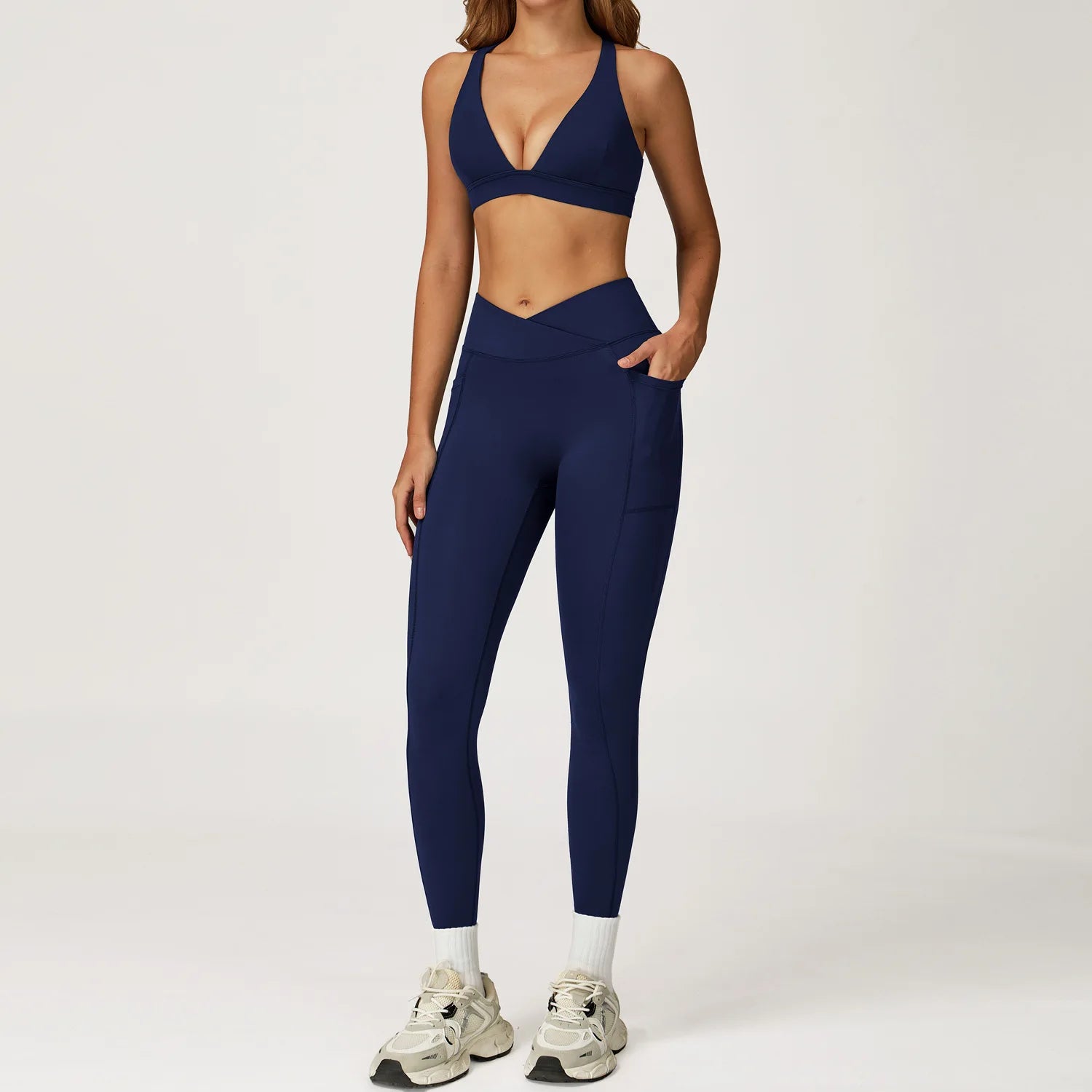 Women's Solid Athleisure 5-Piece Sports Bras+Gym Shorts+Yoga Leggings+Top Set Workout Clothes Sport Suit Front Logo