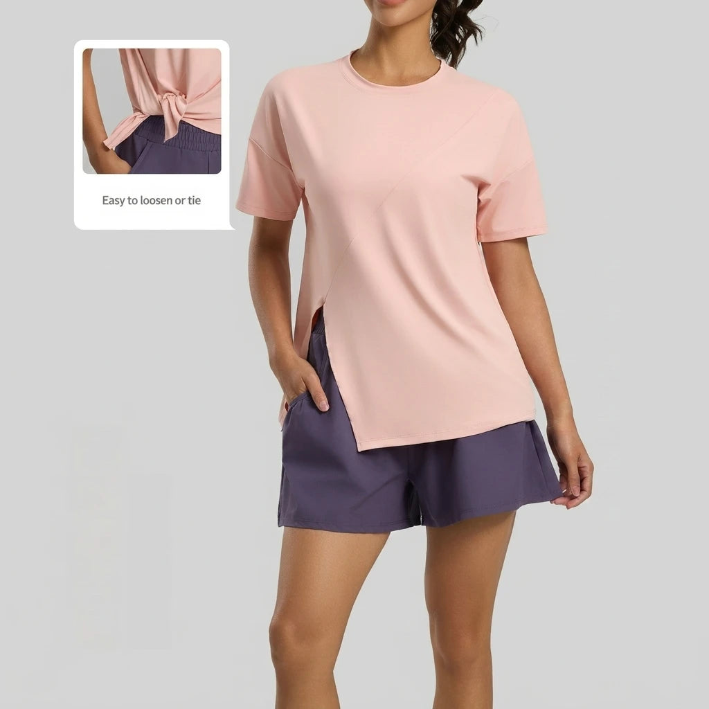 Loose-fitting yoga top for running, sports, and outdoor wear,Spandex/Polyester Split Loose Yoga Running Sports Fitness Top