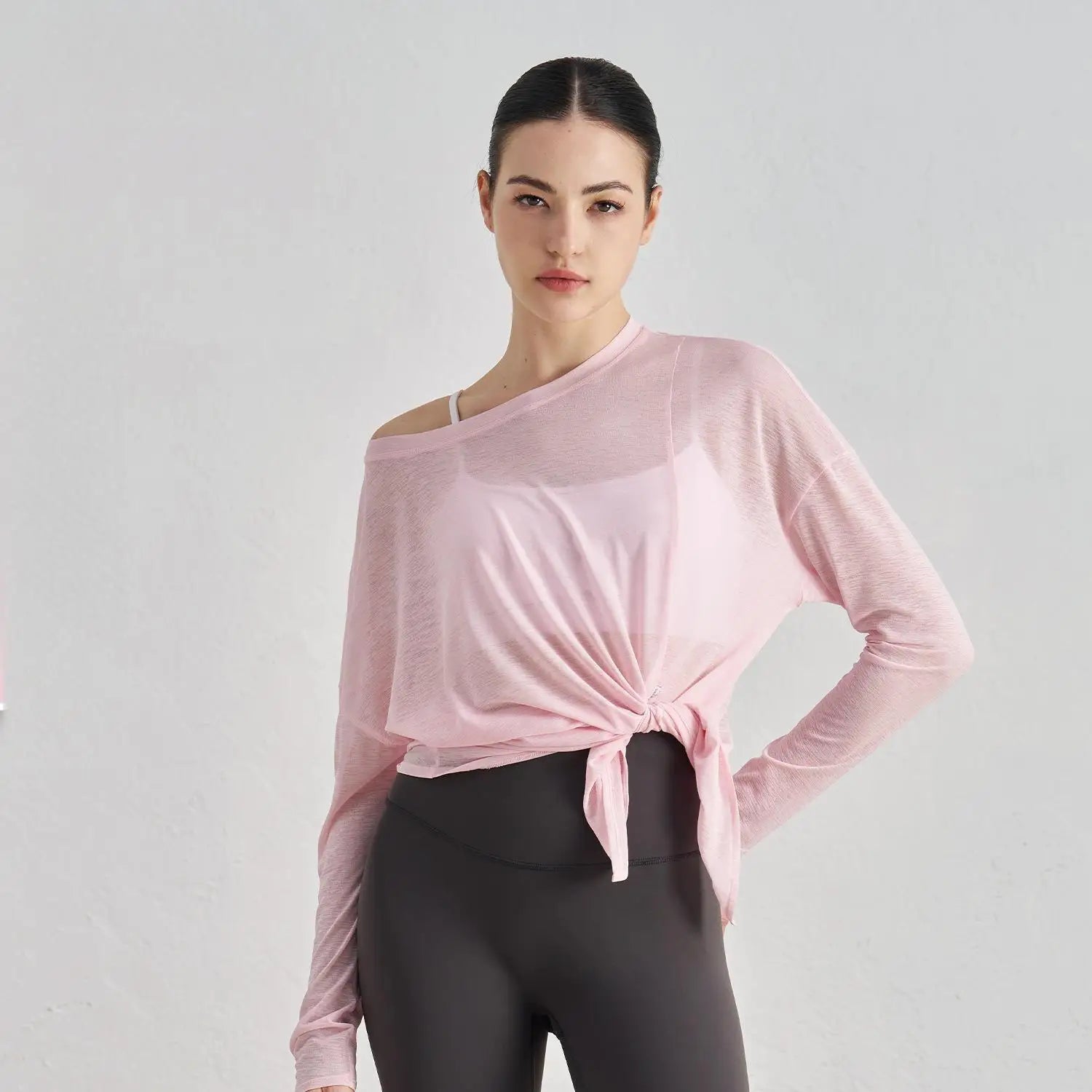 Loose Fit Long Sleeve Yoga Top Sheer Mesh Cover up Side Tie Knot Workout Shirts Breathable Gym Wear Custom