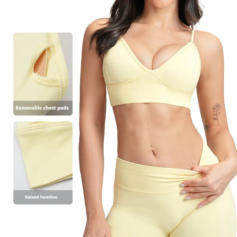 Yoga Bra Women Seamless Ribbed Sports Bra Spaghetti Strap V Neck Padded Gym Workout Crop Top Custom Logo Breathable