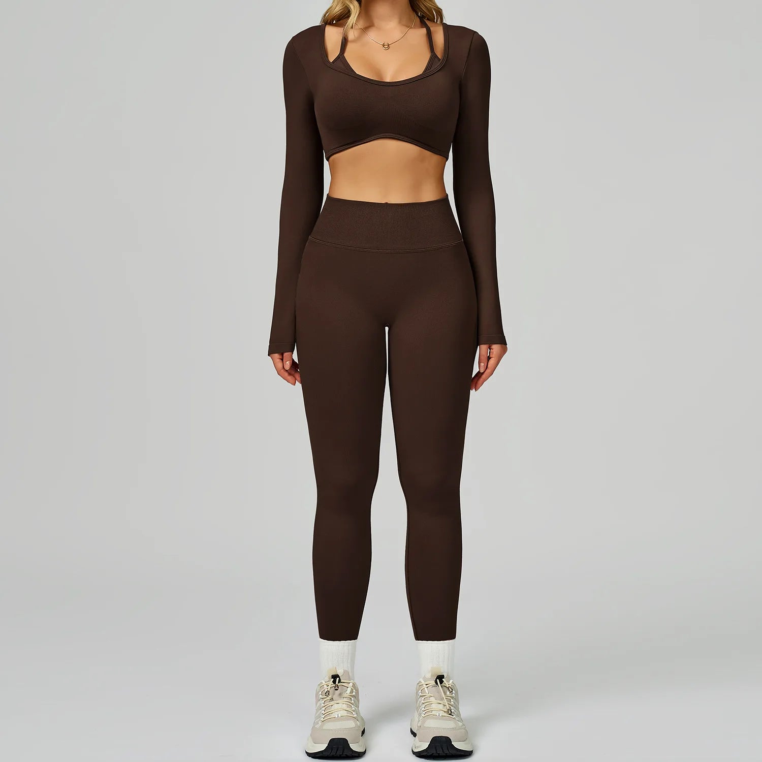 Wholesale Seamless Solid Sports Top Tight Scrunch Butt High Waist Elastic Waist Shorts Front 3 Piece Sportswear Gym Fitness Yoga