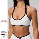 Yoga Bra Color Block Halter Sports Bra OEM Custom Logo Contrast Binding Open Back Wireless Padded Gym Crop Top