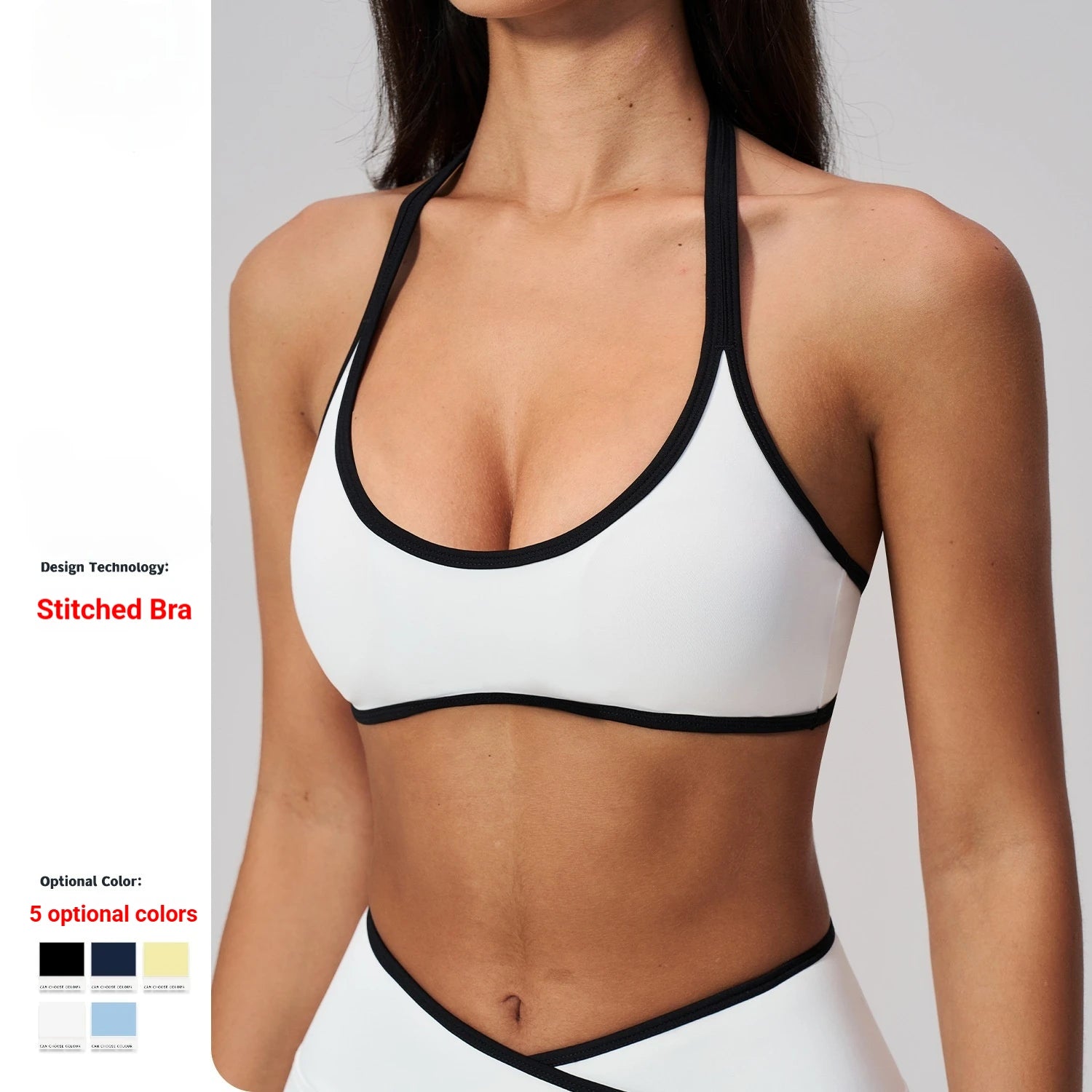 Yoga Bra Color Block Halter Sports Bra OEM Custom Logo Contrast Binding Open Back Wireless Padded Gym Crop Top
