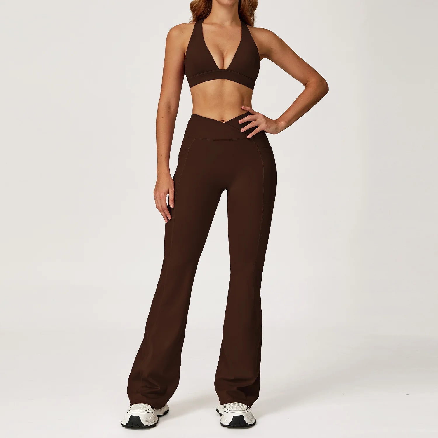 Women's Solid Athleisure 5-Piece Sports Bras+Gym Shorts+Yoga Leggings+Top Set Workout Clothes Sport Suit Front Logo