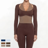 Four-Way Stretch Women's Activewear 2-Piece Yoga Set Halter Neck Long Sleeve Top High Waist Leggings Scalloped Workout