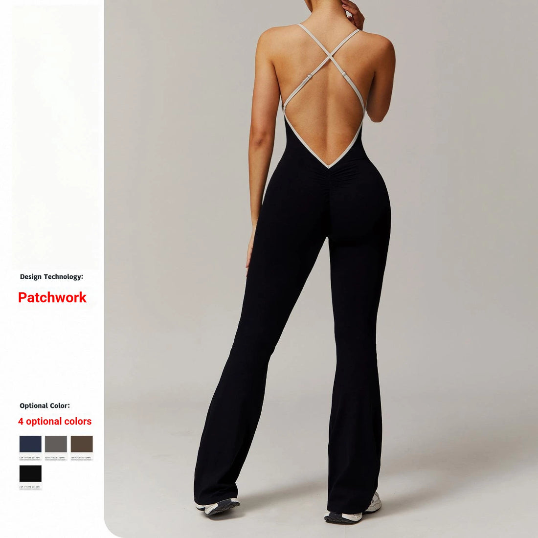 Women Backless One Piece Jumpsuit Scrunch Butt Flared Yoga Romper Contrast Trim Criss Cross Straps Custom Logo