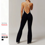 Women Backless One Piece Jumpsuit Scrunch Butt Flared Yoga Romper Contrast Trim Criss Cross Straps Custom Logo