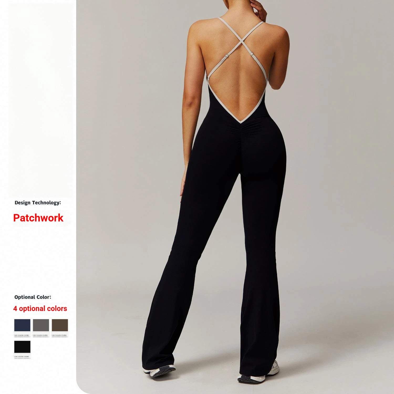 Women Backless One Piece Jumpsuit Scrunch Butt Flared Yoga Romper Contrast Trim Criss Cross Straps Custom Logo