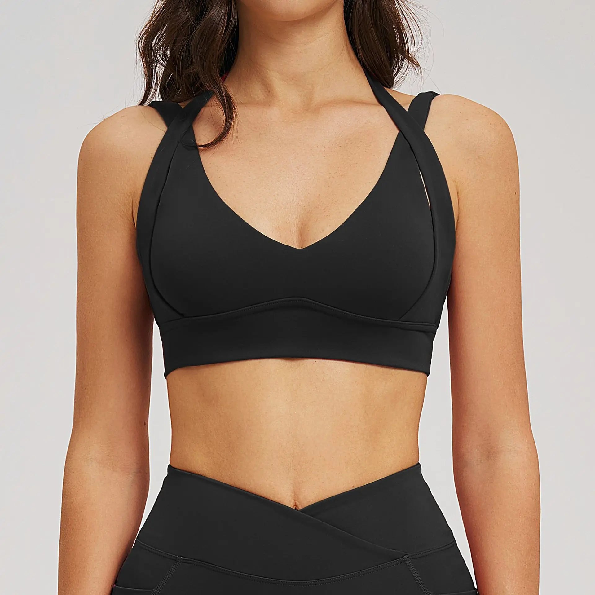 Women Halter Neck Strap Sports Bra Deep V Open Back Gym Crop Top Removable Padded Workout Yoga Bralette 5 Colors