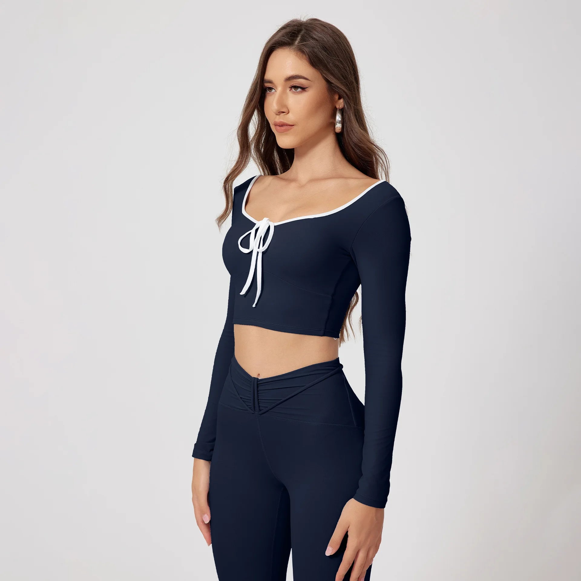 Custom Logo Yoga Set Women Front Tie Long Sleeve Crop Top V Waist Leggings 2 Piece Workout Set Fitness Wear Gym
