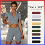 Custom Women's Gym Fitness  Zipper Closure Yoga Tops Solid Breathable Yoga Shorts 2-Piece Athletic Active Wear Workout Set