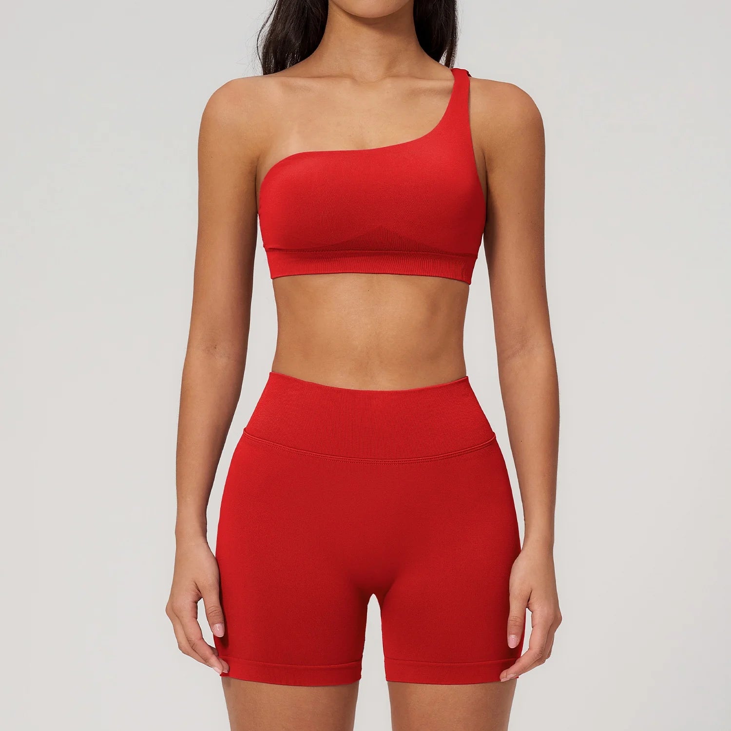 Factory One Shoulder 2-Piece Yoga Shorts Set with Seamless Breathable Stretch Fabric Solid Pattern for Fitness