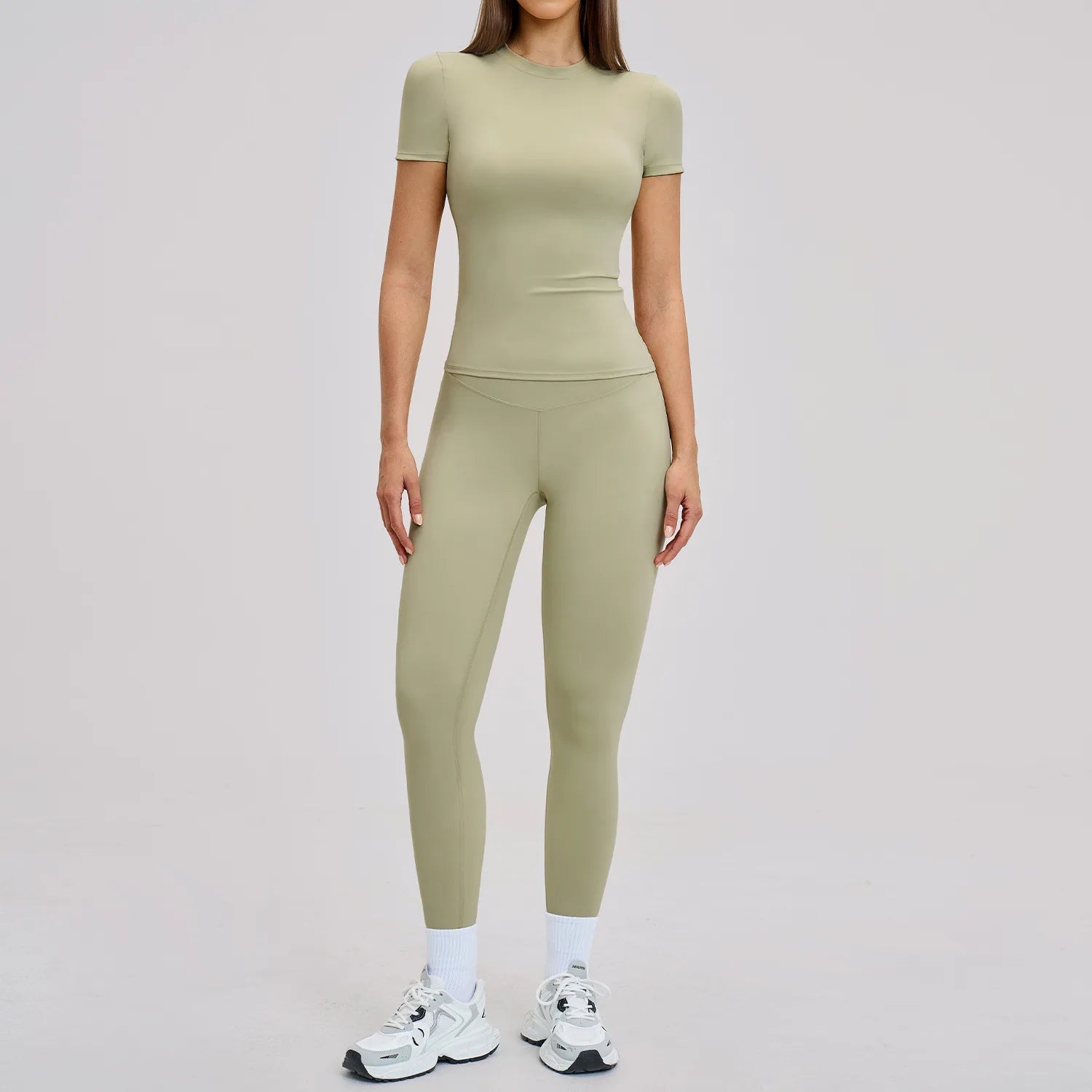 Seamless Solid Active Set Women 2 Piece Breathable Workout Outfits Short Sleeve T Shirt High Waisted Leggings Gym Yoga Set