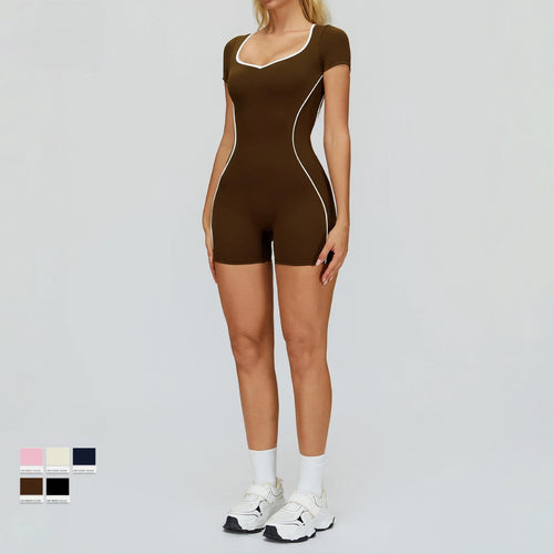 Custom Logo Yoga Bodysuit Workout Romper Backless Women One Piece Jumpsuit Contrast Trim Gym Fitness Wear Quick Dry