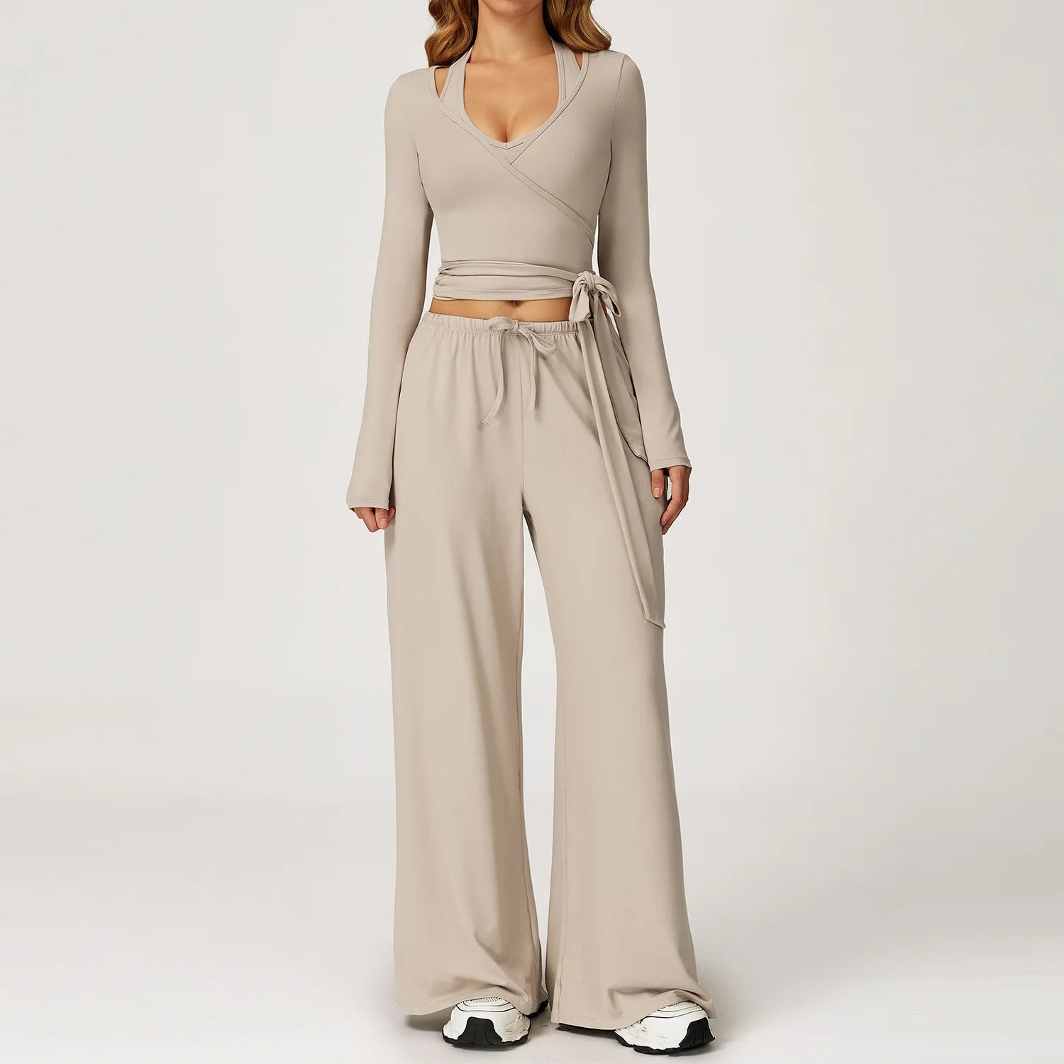 Women 3 Piece Solid Breathable Lounge Set Halter Crop Top Long Sleeve Wrap Cardigan Mid Waist Wide Leg Pants Tracksuit Custom