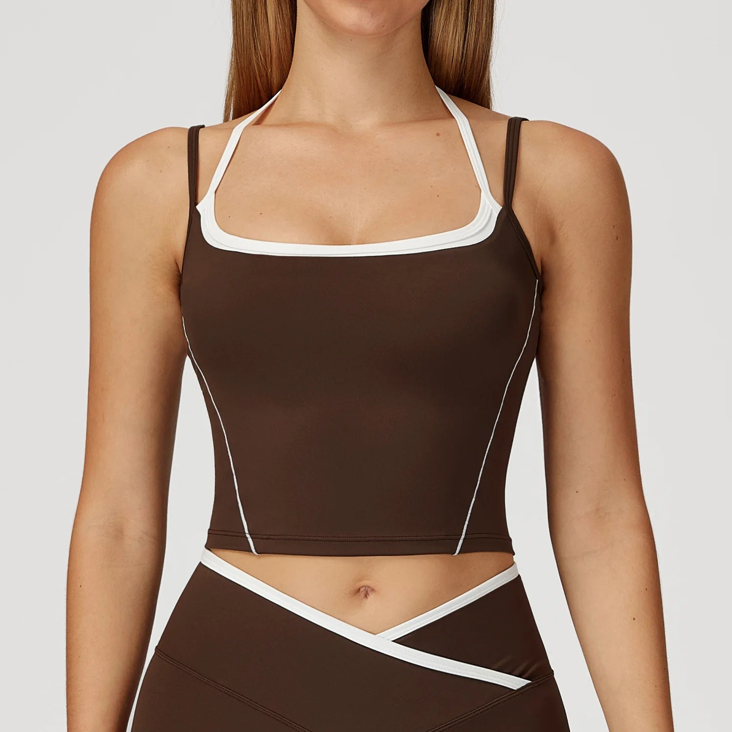 Yoga Tank Top Contrast Trim Halter Neck Sports Crop Top Women Quick Dry Breathable Gym Fitness Wear Custom Logo
