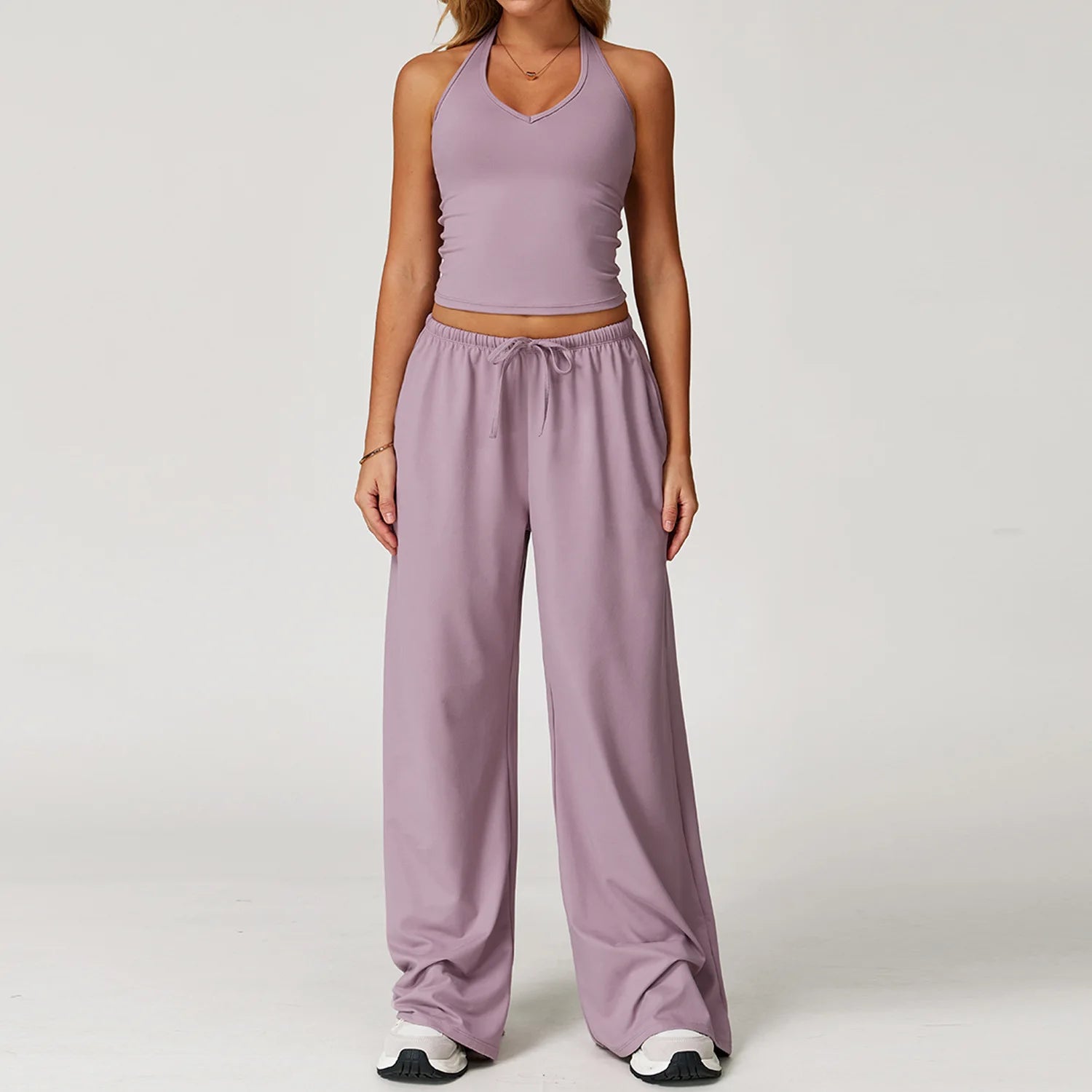 Women 3 Piece Solid Breathable Lounge Set Halter Crop Top Long Sleeve Wrap Cardigan Mid Waist Wide Leg Pants Tracksuit Custom