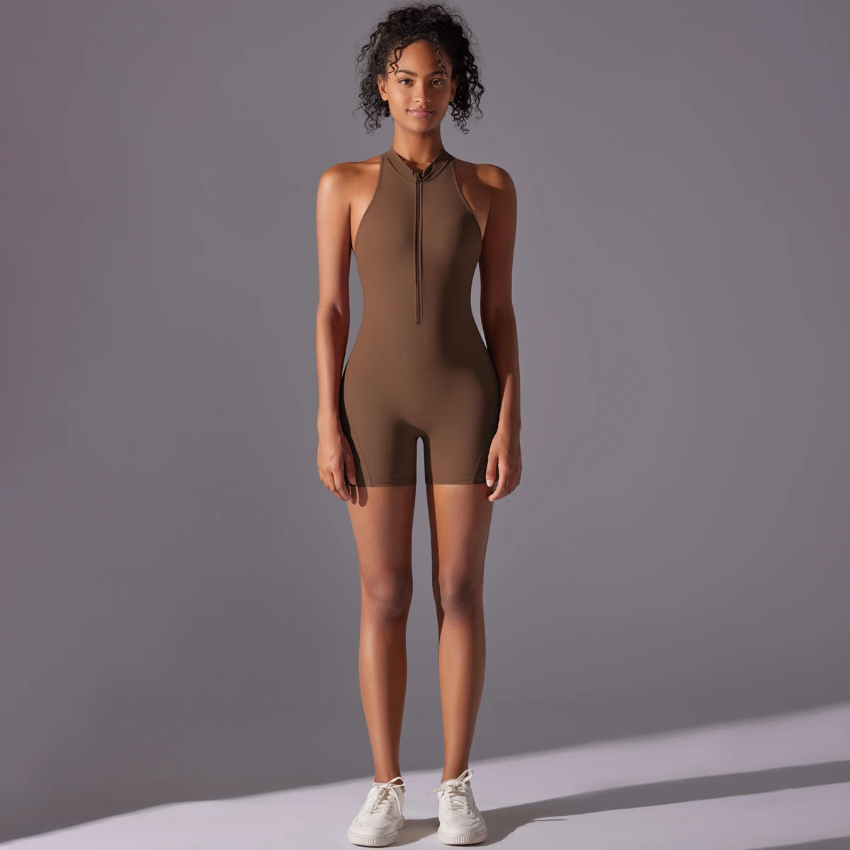 Custom Yoga Fitness Jumpsuit Breathable Half Zip Playsuits Solid Sweat-Wicking Off-the-Shoulder Halter Strap Sports Bodysuit