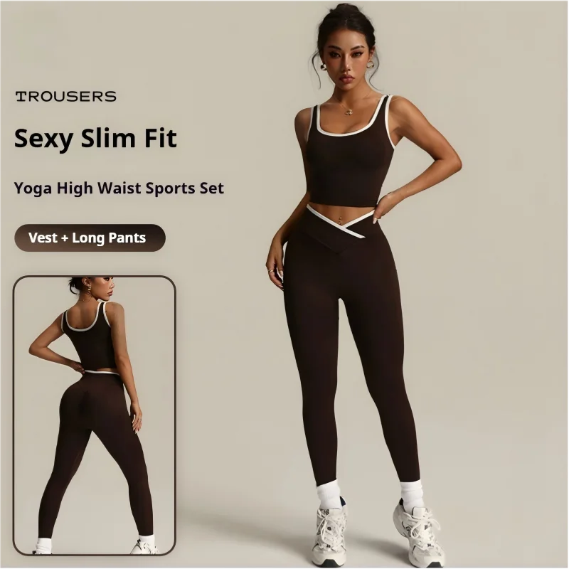 Custom Women Seamless Solid Spandex/Nylon Sports Set  Sets Color Blocking Pants Running Quick-drying Tank Top Soft Yoga Fitness