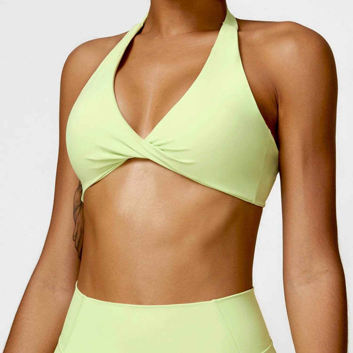 Halter Neck Twist Front Sports Bra Deep V Wireless Yoga Crop Top Removable Padded Gym Workout Bralette Women