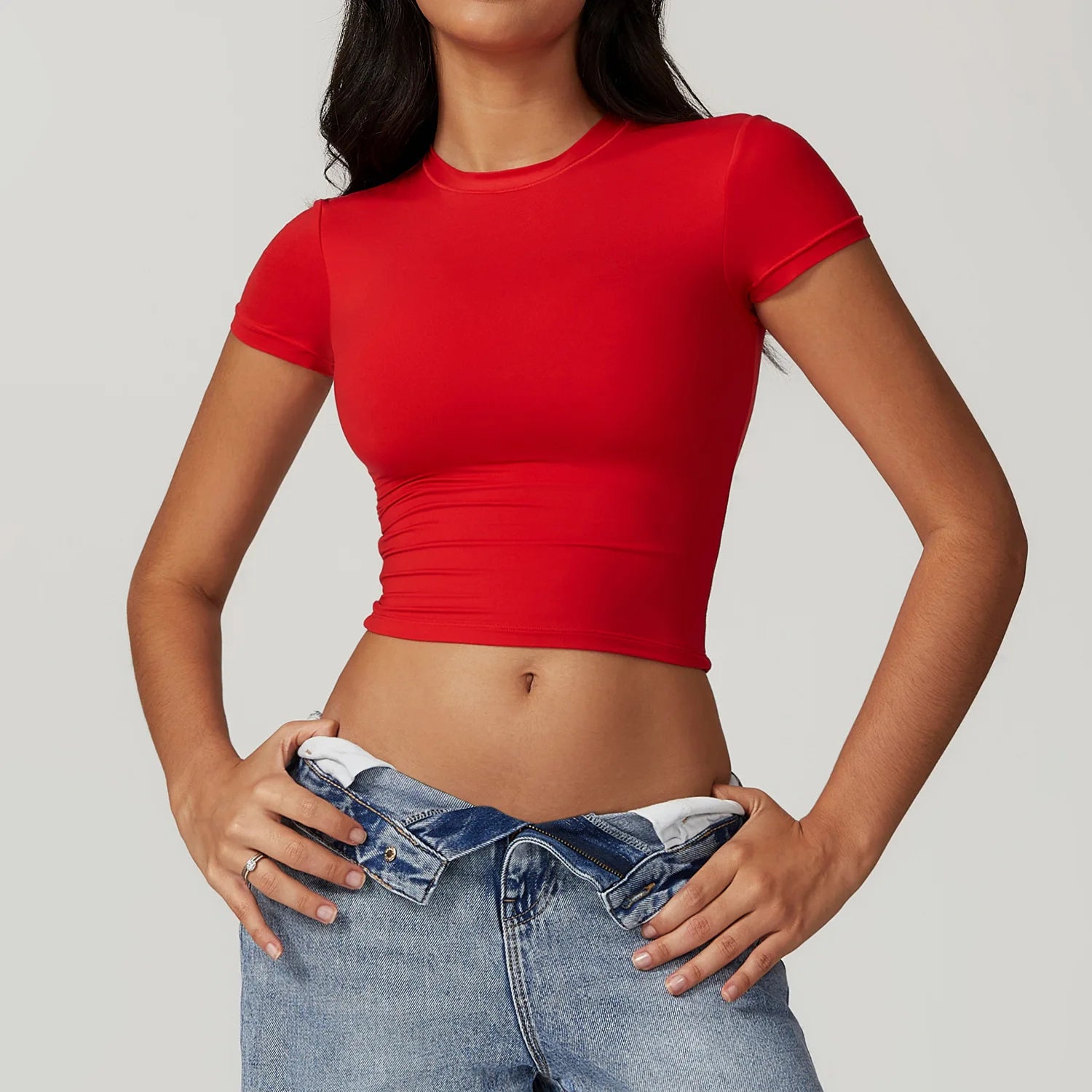 Custom Logo Women Crew Neck Yoga T Shirt Slim Fit Gym Crop Top Short Sleeve Workout Shirts Athletic Running Tee