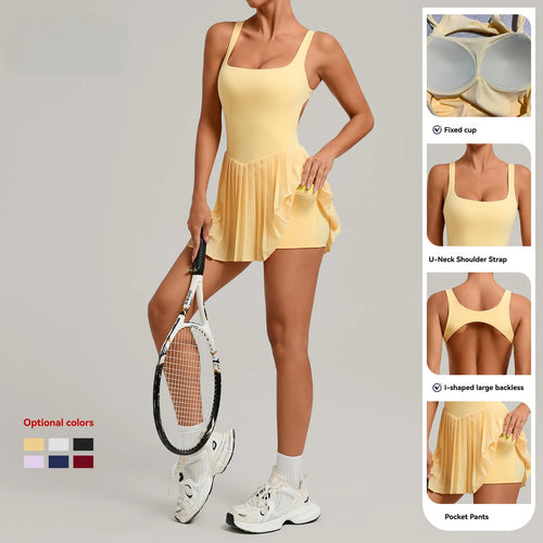 Custom Logo Tennis Dress Backless Sports Dress Pleated One Piece Women Yoga Golf Dress Gym Fitness Workout Wear