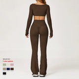 Breathable Women Running Yoga Wear Workout Long Sleeve T-Shirts Yoga Sports Crop Tops Flared Pants Bra Yoga Sets Custom