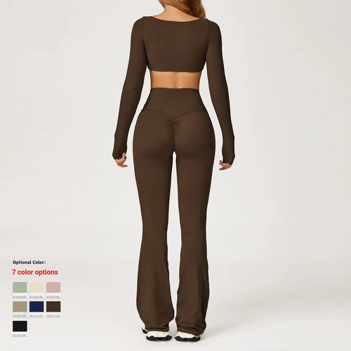 Breathable Women Running Yoga Wear Workout Long Sleeve T-Shirts Yoga Sports Crop Tops Flared Pants Bra Yoga Sets Custom