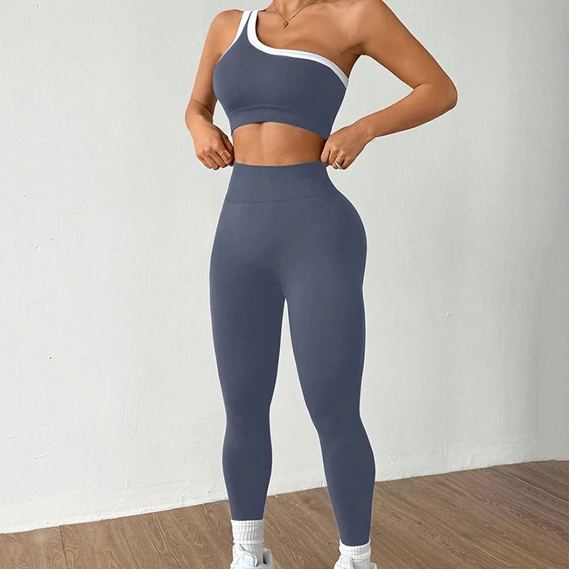 Yoga Set Women 2 Piece Set One Shoulder Contrast Trim Sports Bra High Waist Leggings Seamless Activewear Set