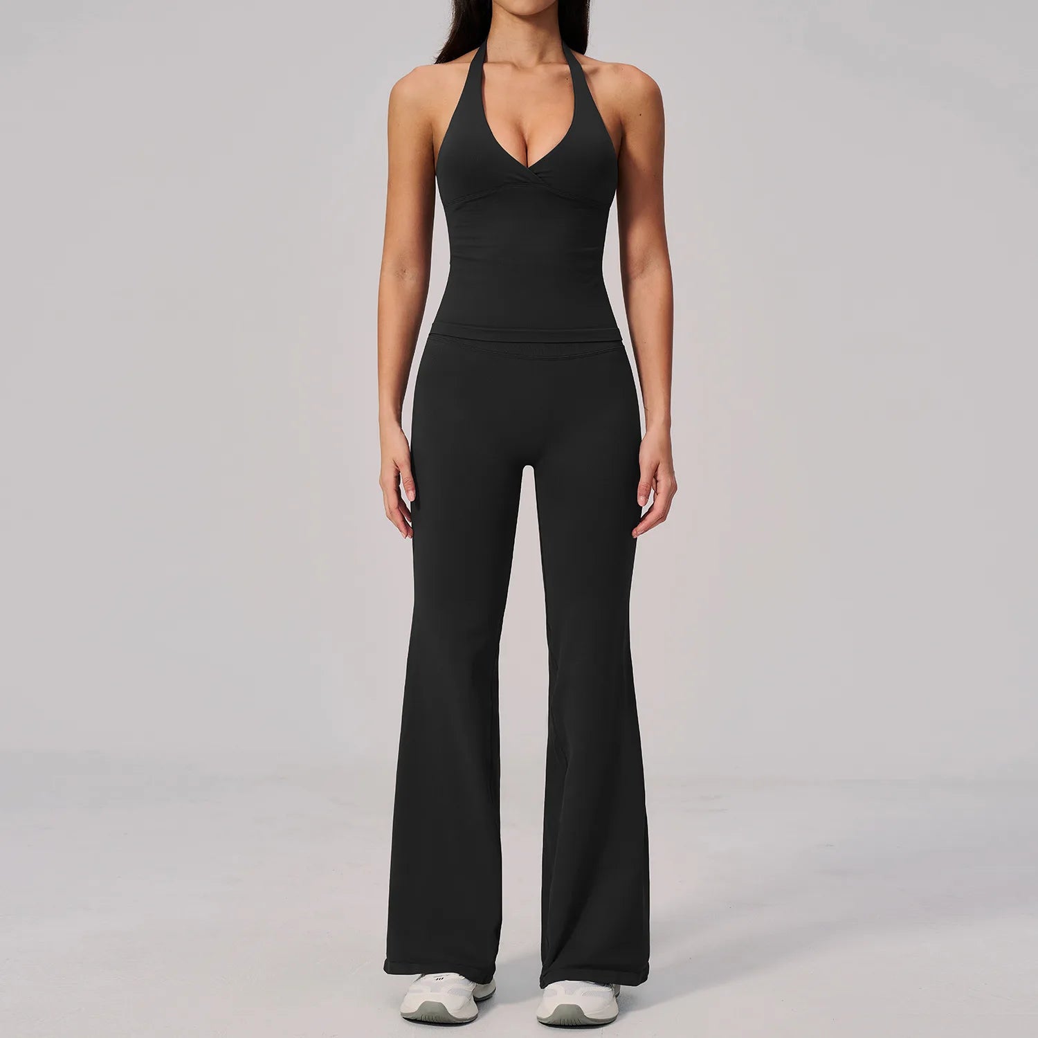 Women Seamless 2 Piece Outfits Workout Yoga Sports Track Suits Halter Neck Crop Top High Waist Flared Pant Sets Custom