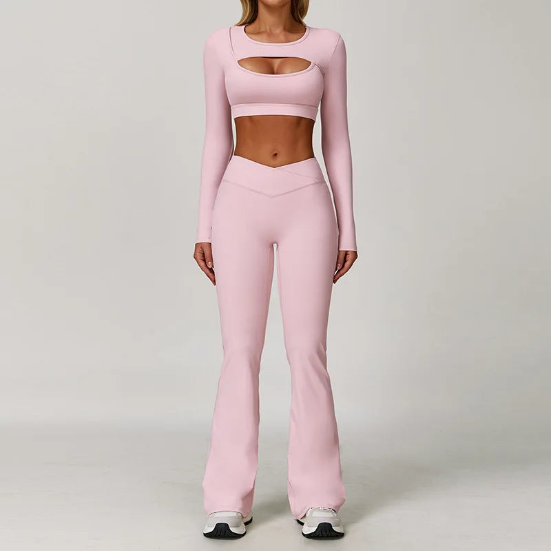 V Front Women's High Waist Breathable Solid 2026 2-pcs Active Wear Pink Yoga Flare Leggings Spandex/Nylon Elastic Waist Pink