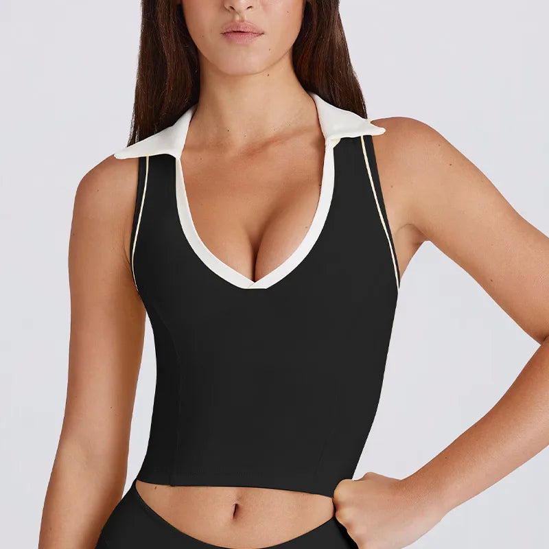 Custom Logo Yoga Set Women Polo Collar Contrast Trim Tennis Shorts Set 2 Piece Gym Workout Fitness Activewear