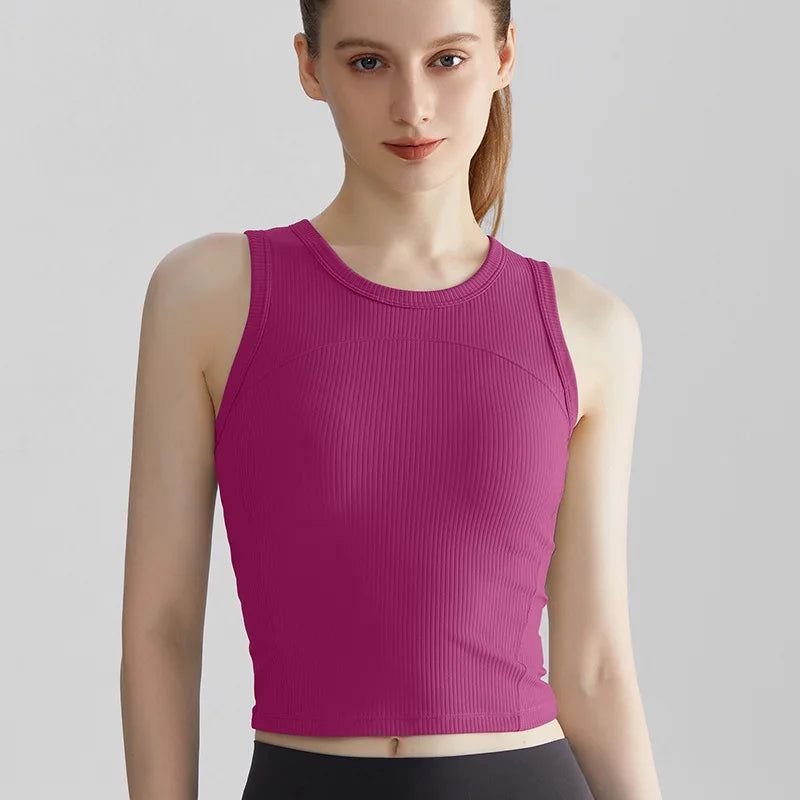 Custom Logo Ribbed Gym Crop Tank Top Crew Neck Sleeveless Workout Shirt Women Seamless Yoga Cami Activewear Tops