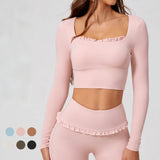 Custom Logo Yoga Long Sleeve Top Ruffle Trim Sports Crop Top Women Balletcore Fitness Shirt Gym Workout Wear Quick Dry