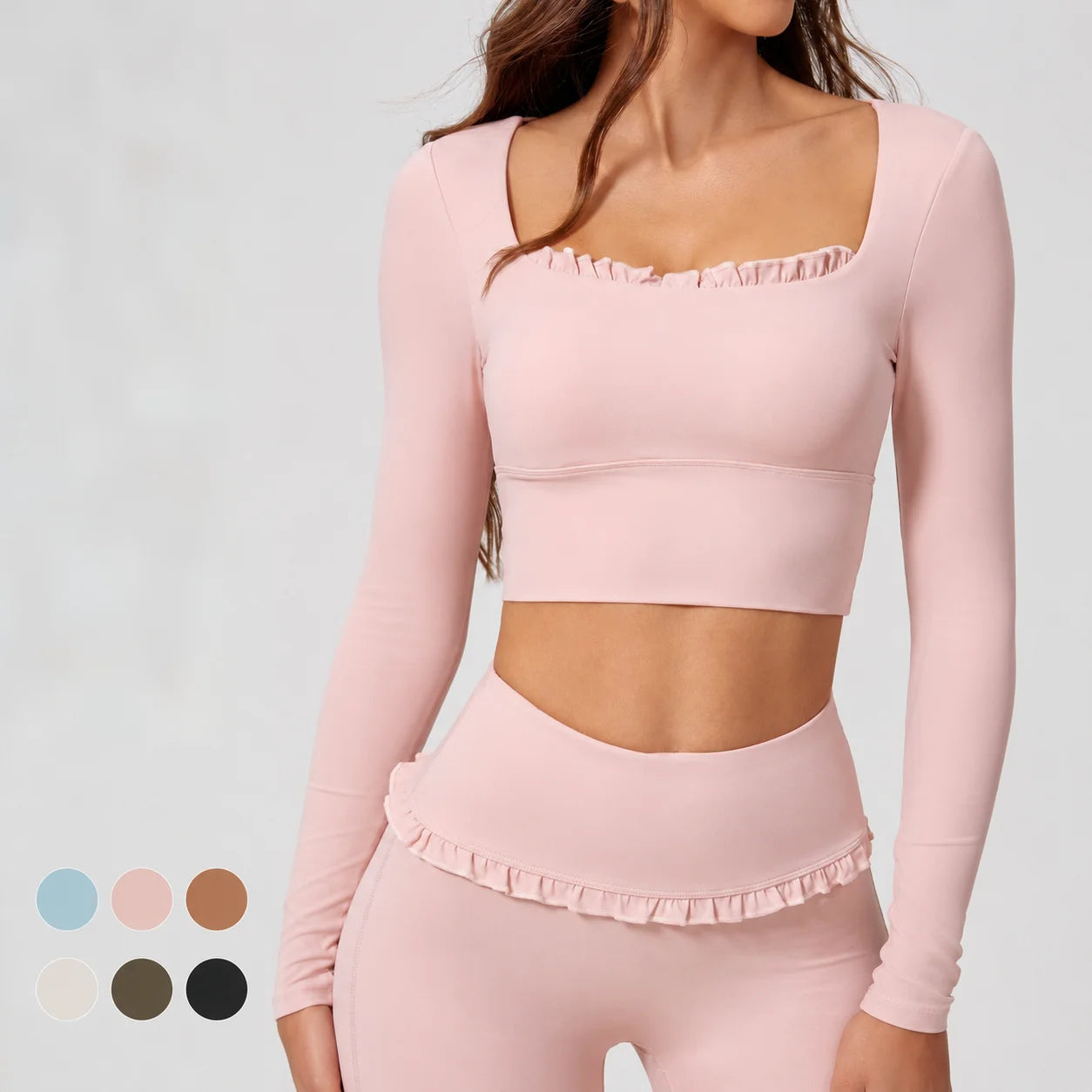 Custom Logo Yoga Long Sleeve Top Ruffle Trim Sports Crop Top Women Balletcore Fitness Shirt Gym Workout Wear Quick Dry