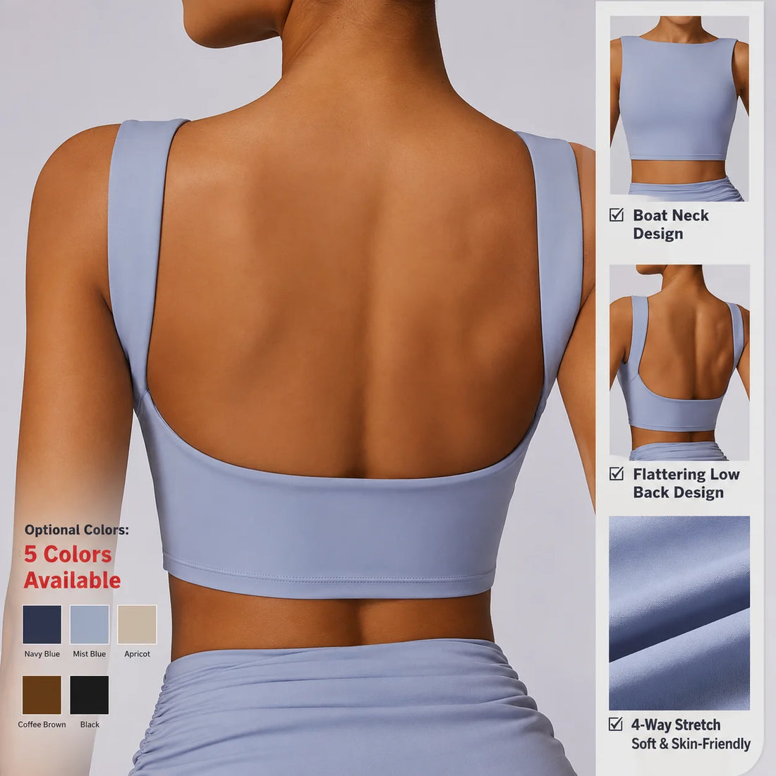 Women Sleeveless Sports Bra Deep U Back Gym Crop Tank Padded Yoga Crop Top Boat Neck High Neck Activewear Athletic Vest