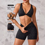 Butt Lifting Tummy Control Leopard Print Lightweight 2 Piece Women's Yoga Shorts Set Crisscross Back High Waist for Gym Workout