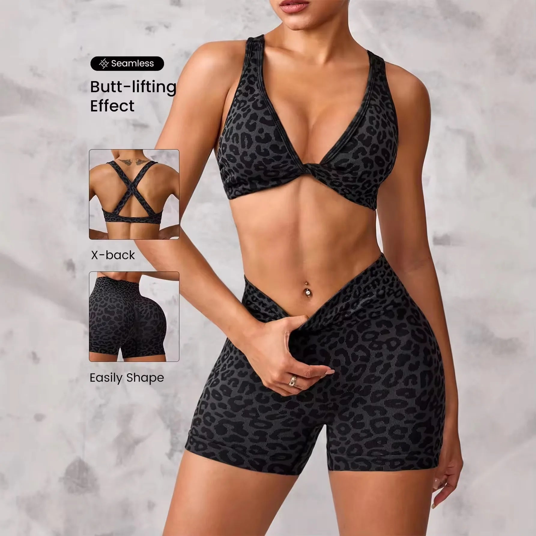 Butt Lifting Tummy Control Leopard Print Lightweight 2 Piece Women's Yoga Shorts Set Crisscross Back High Waist for Gym Workout
