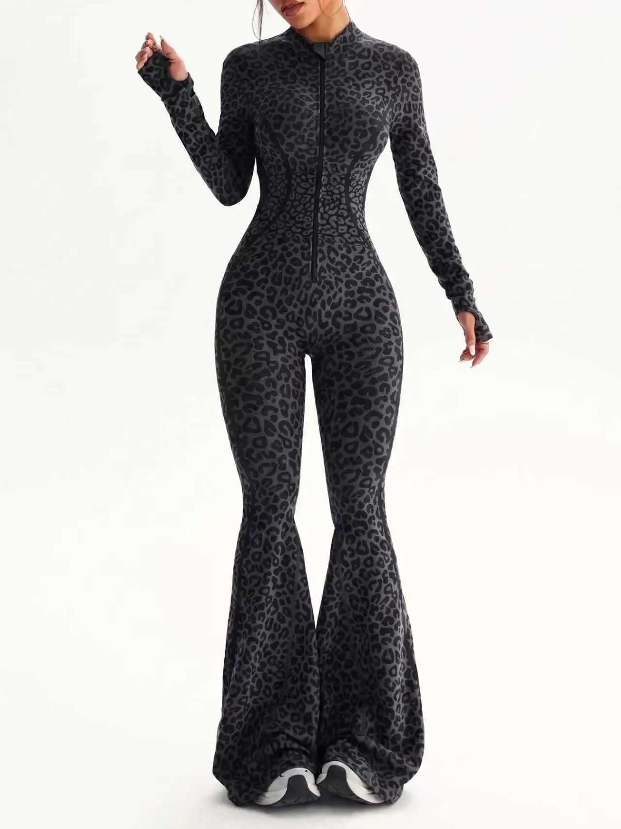 Custom Women Leopard Print Fitness  Bodysuit Yoga Wear Women's Clothing European and American Style Slim Fit Zipper